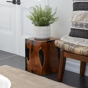 Abstract Brown Teak Wood Block Side End Accent Table with Black Resin Inlay