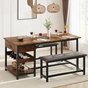Brown Dining Table Set with 2 Benches for 4 Kitchen Table Set with Storage Drawers & Wine Rack for Breakfast Nook and Small Space Dining Room Table Set with Metal Frame for Living Room