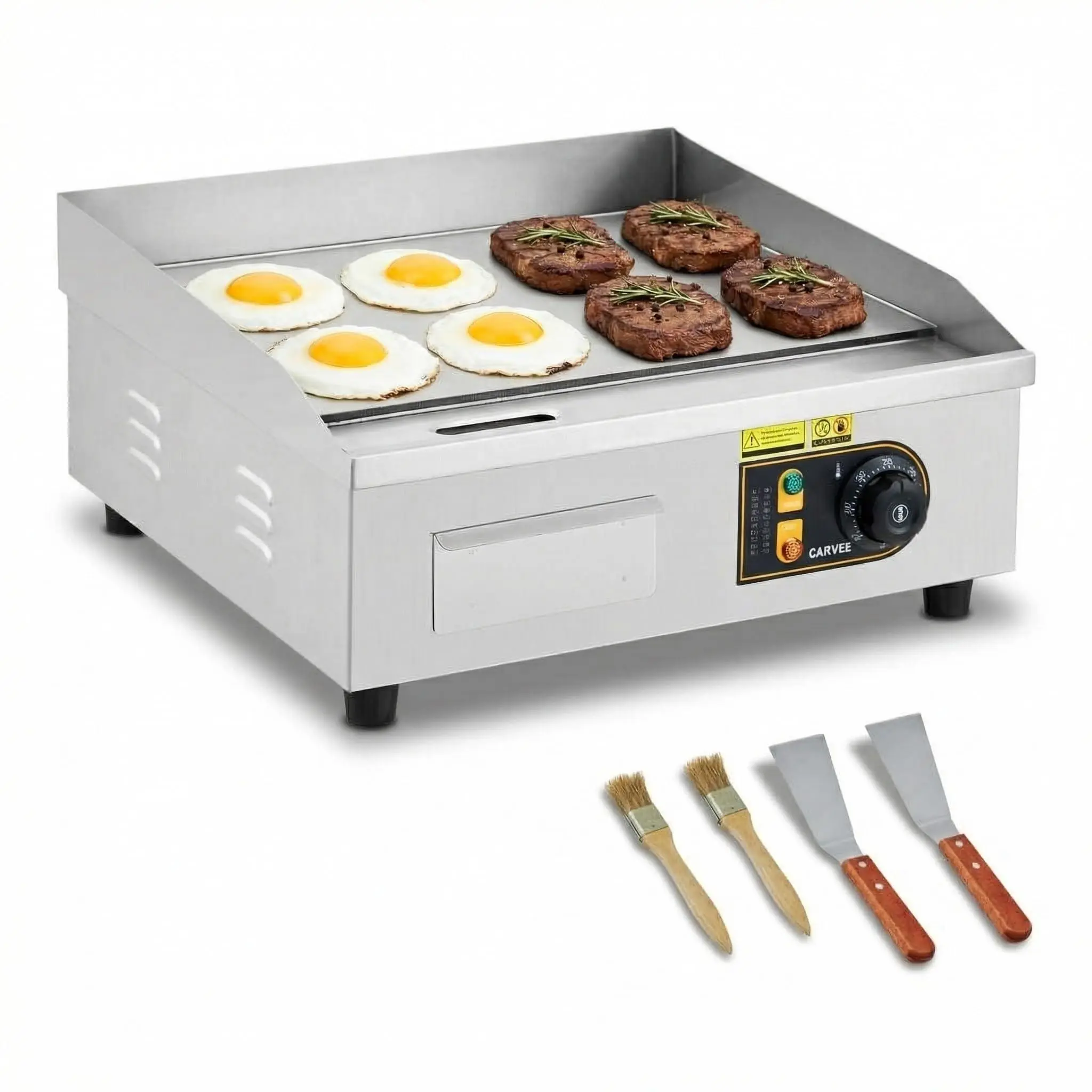 GAOMON 18-in Commercial Electric Griddle, 120V 1750W Countertop Grill with Plug, 120-570°F Adjustable Temp, Stainless Steel, Quick Heating, Grease Buildup Resistance, Non-Slip Base Ft, Removable Drip Tray, Fits Small Kitchen Spaces (for Home/Restaurant)