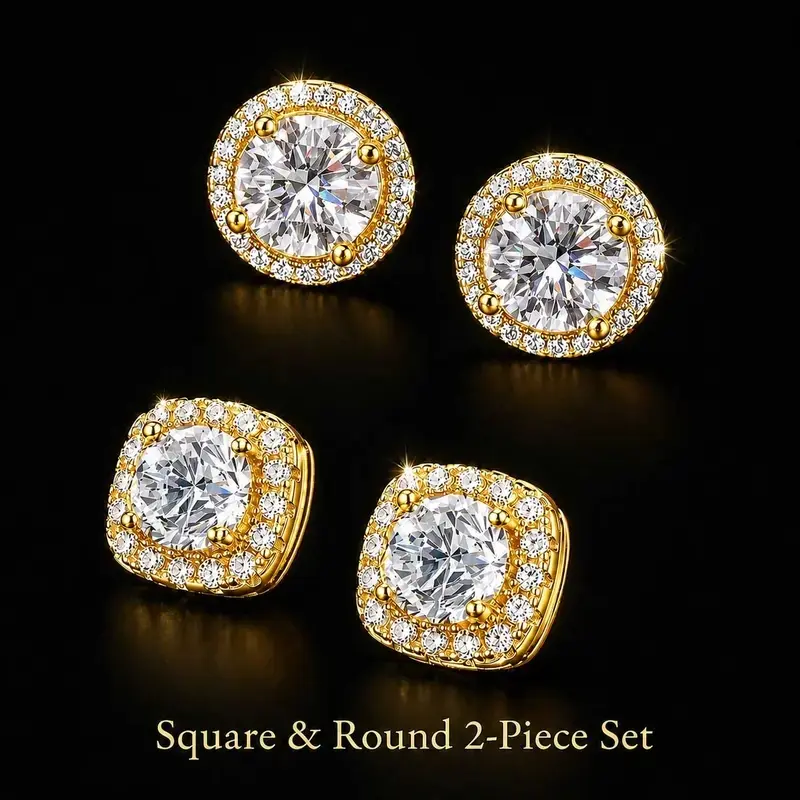 18K Gold Plated Iced Out CZ Stud , Unisex 2 Pairs Round & Square Cubic Zirconia  Set, Trendy Ear Stack  Jewelry for Men Women, Daily Wear Birthday Gift piercings multiple earring