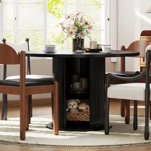 47 inch Round Dining Table ,Kitchen Table with 2-Layer Storage Shelf and a Drawer, Modern Farmhouse Dinner Tables , Wood small circle dining table for kitchen living room