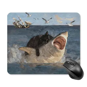 Funny Cute Gaming Mouse Pad, Cat Riding a Shark Mousepad with Non-Slip Rubber Base, Stitched Edges, Surreal Animal Art Desk Mat for Office, Home & Gamers, Unique Gift Idea