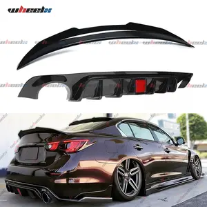 For 2014-2024 Infiniti Q50 Rear Bumper Diffuser Lip & Trunk Spoiler 2PCS Kit W/ Led Brake Light Glossy Black Carbon Fiber Rear Trunk Spoiler