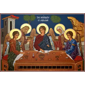 Traditional Orthodox Christian Religious Holy Trinity (Hospitality of Abraham) Icon, Wooden Mounted Decor for Room and Home Use
