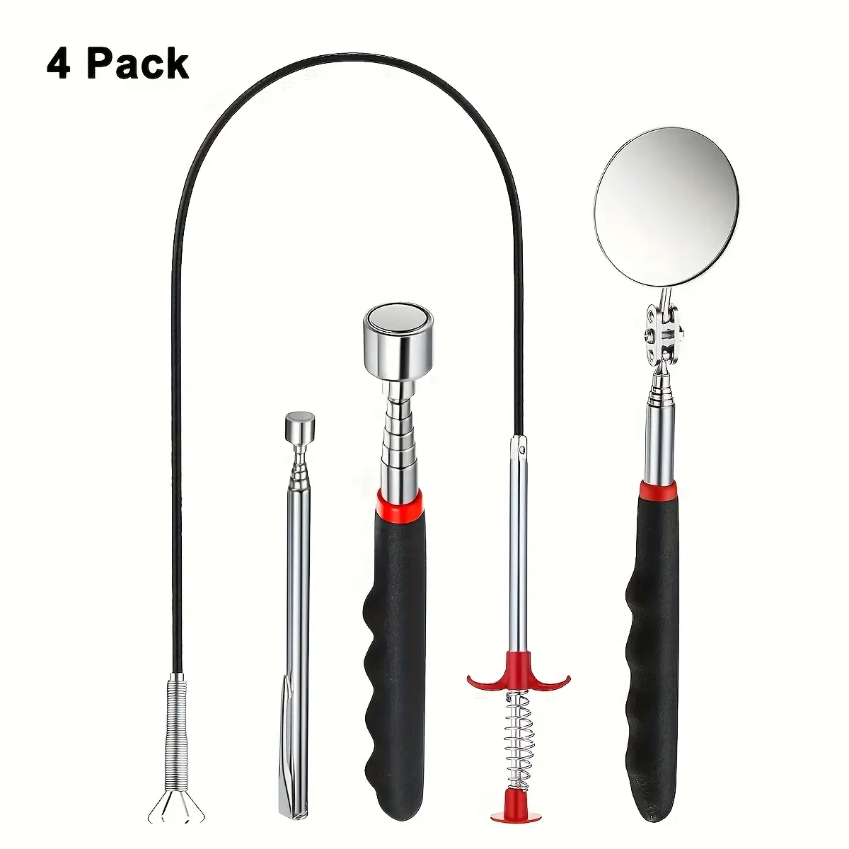 4 Piece Extendable Magnetic Retrieval Hand Tools Set with Mirror, Flexible Grabber with 4 Interchangeable Heads, Car Repair Spring Claw Picker, DIY Tools, Portable