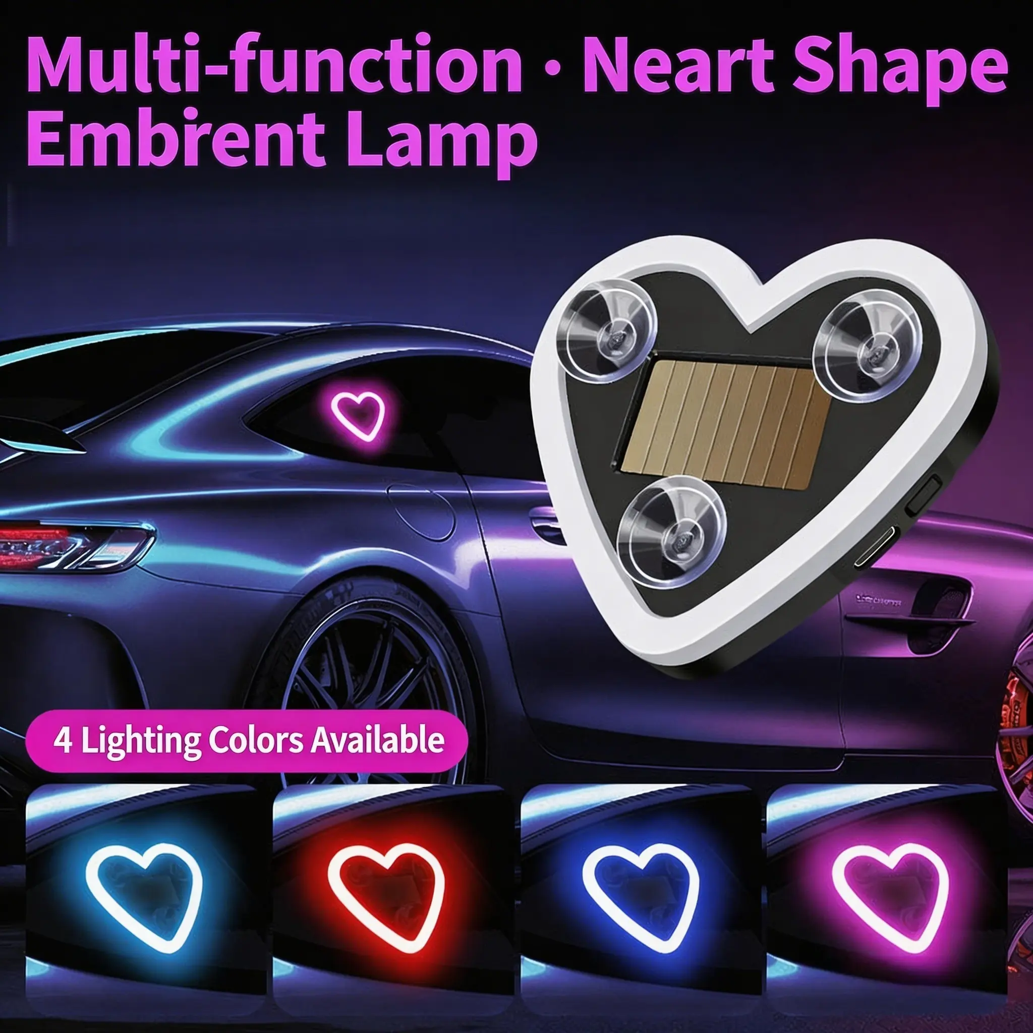 Car LED Ambient Light, Rechargeable Solar-Powered Heart-Shaped LED Light, 6 Lighting Modes, Romantic Car, Outdoor Decor, Ideal Gift for Couples, Women, Men