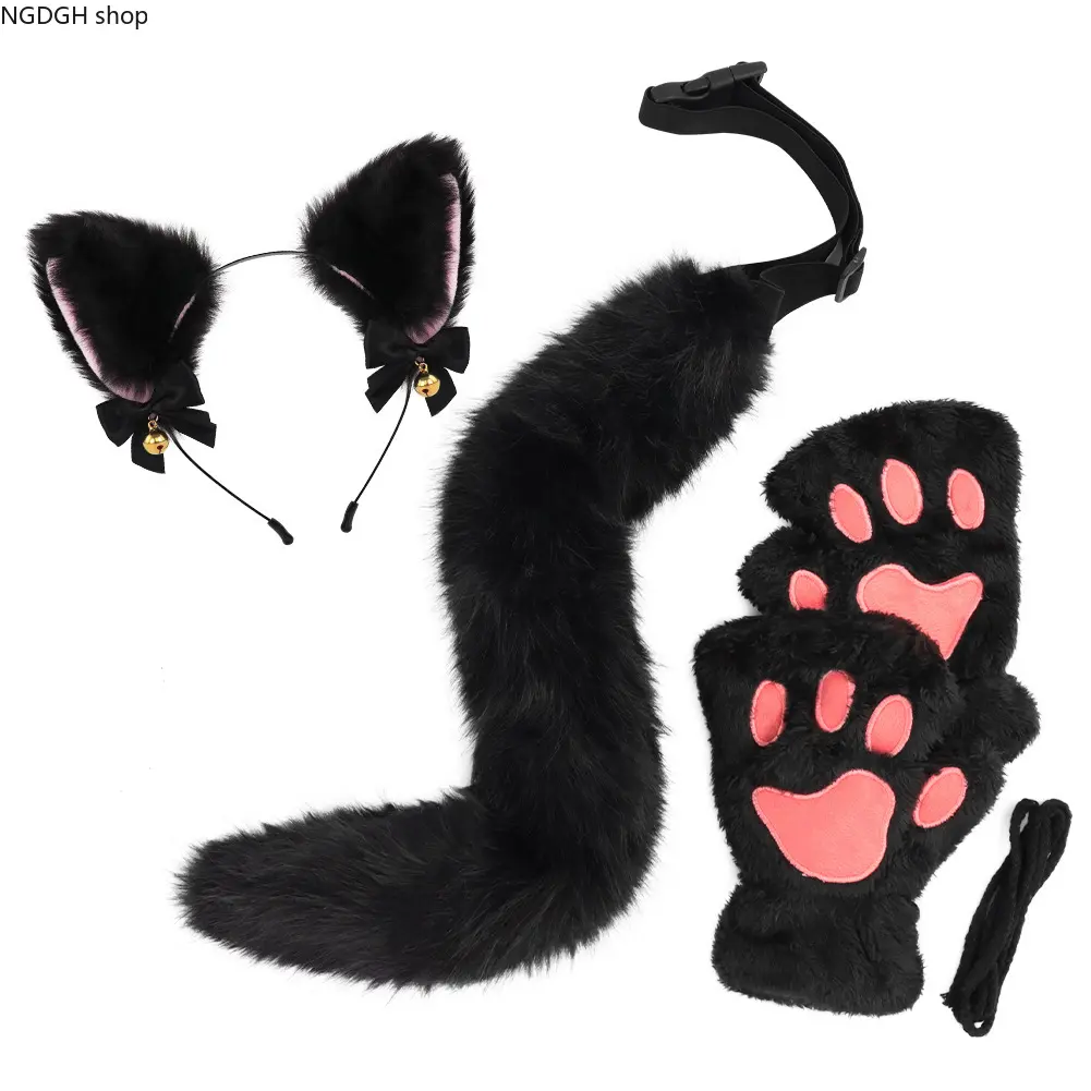 Black Cat Costume Props for Women, 3-Piece Plush Faux Fur Kit with Ears Headband, Tail, and Paw Gloves for Halloween Cosplay