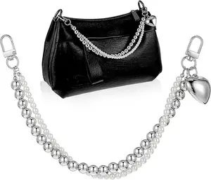 Women’s Pearl Beads Silver Alloy Purse Chain Extender - Handbag Strap Replacement with Buckle Clasp, Keyclip, Length Adjustment Feature, Shoulder/Crossbody Short Handle Phone Charm Accessory