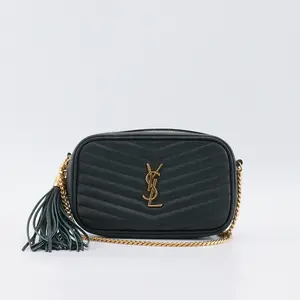 Pre-owned Yves Saint Laurent Calfskin Shoulder Bags YSL Green Chevron Quilted Grained Leather Crossbody Bag BGP215344