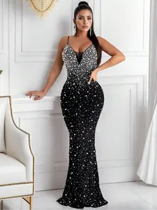 Women's Elegant Rhinestone Embellished Sleeveless Long Dress, Perfect for Nightclub, Formal Events, Birthdays & Weddings