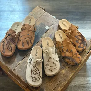 Burn Art Clog Shoes with Customized Design for Comfort and Style (Light Gray and Caramel Options)  Footwear Footbed Sandals