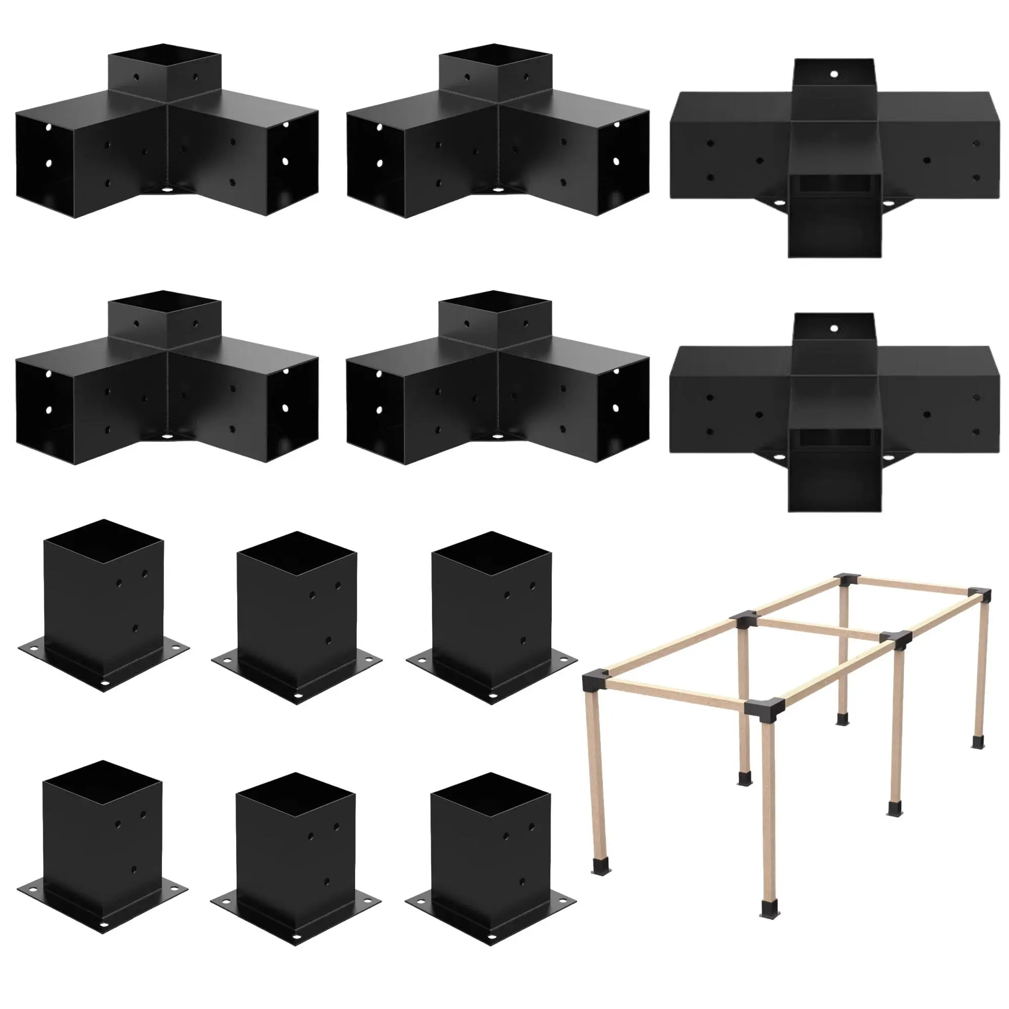 Heavy Alloy Steel 2.5mm Thick Pergola Kit for 4"x 4" (Actual 3.6" X 3.6") Lumber，12pcs (4pcs 3-Way , 2pcs 4-Way , 6pcs Base) Bracket Woodworks DIY Post Base Kit,  Suitable for Backyard，Gardens，Patio and Metal Gazebo Kits