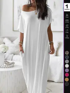 2026 Women's Solid Color Casual Loose Batwing Sleeve Loungewear Homewear Dress, Comfortable Daily Wearing Nightdress, Versatile Ladies' Sleepwear for All Seasons