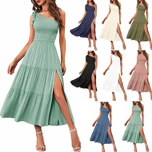D4632 New one-shoulder pleated layering split Summer dress