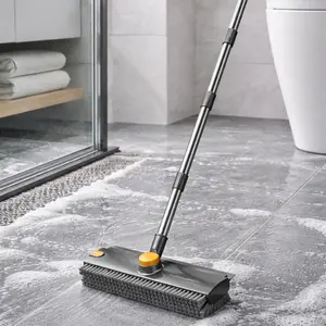 Floor Scrub Brush with Long Handle – 3-in-1 Heavy Duty Stiff Bristle Floor Scrubber with 360° Rotating Head, Scraper & Squeegee, Shower Cleaning Brush for Bathroom, Kitchen, Tile, Wall & Floor, Multi-Purpose Cleaning Tools, Home Cleaning Supplies