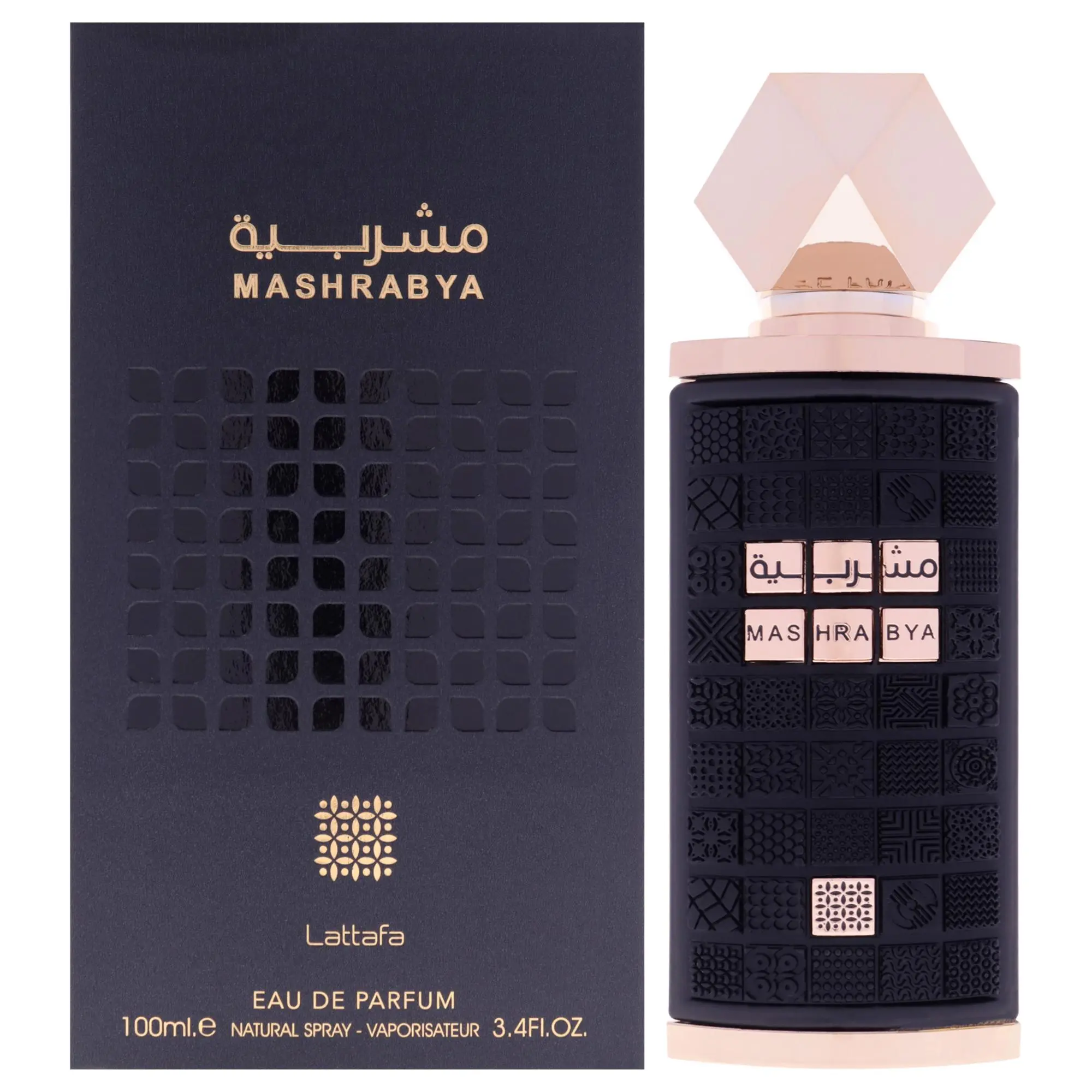 Mashrabya by Lattafa Unisex EDP Spray - 3.4 oz, Arabic Text, Natural, Black Bottle with Pink Cap, Sleek Design