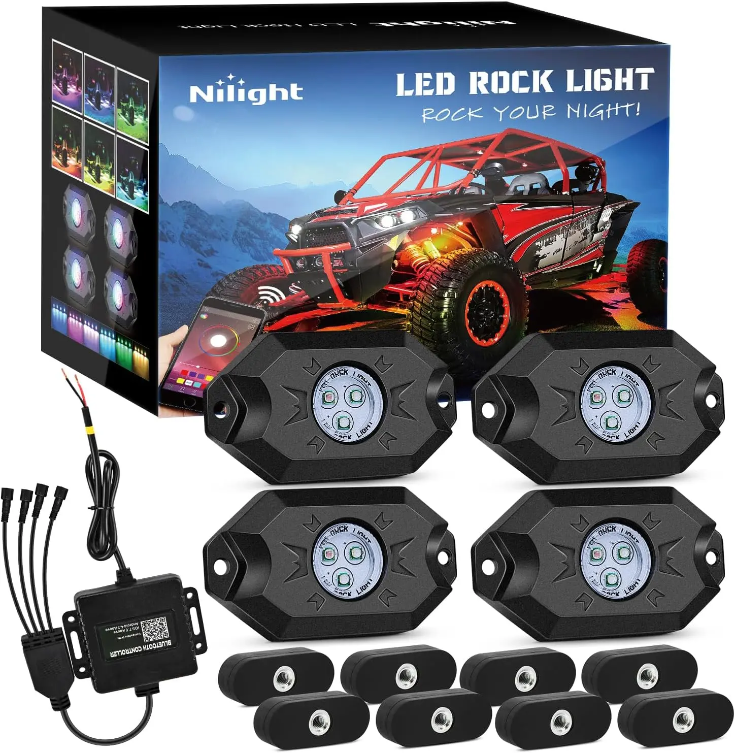 Nilight RGB LED Rock Lights Kit 4 PCS Underglow Multicolor Neon Light Pod with Magnetic Base Bluetooth App Control Flashing Music Mode IP68 Wheel Well Light for Truck ATV UTV RZR SUV,car accessories