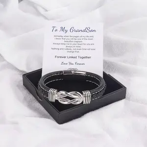 Knot Bracelet Gifts for Men Fathers Day Anniversary Birthday Gifts for Men Brown Braided Leather Stainless Steel Infinity Bracelets Lettering Love You Forever Always Linked Together Bracelet