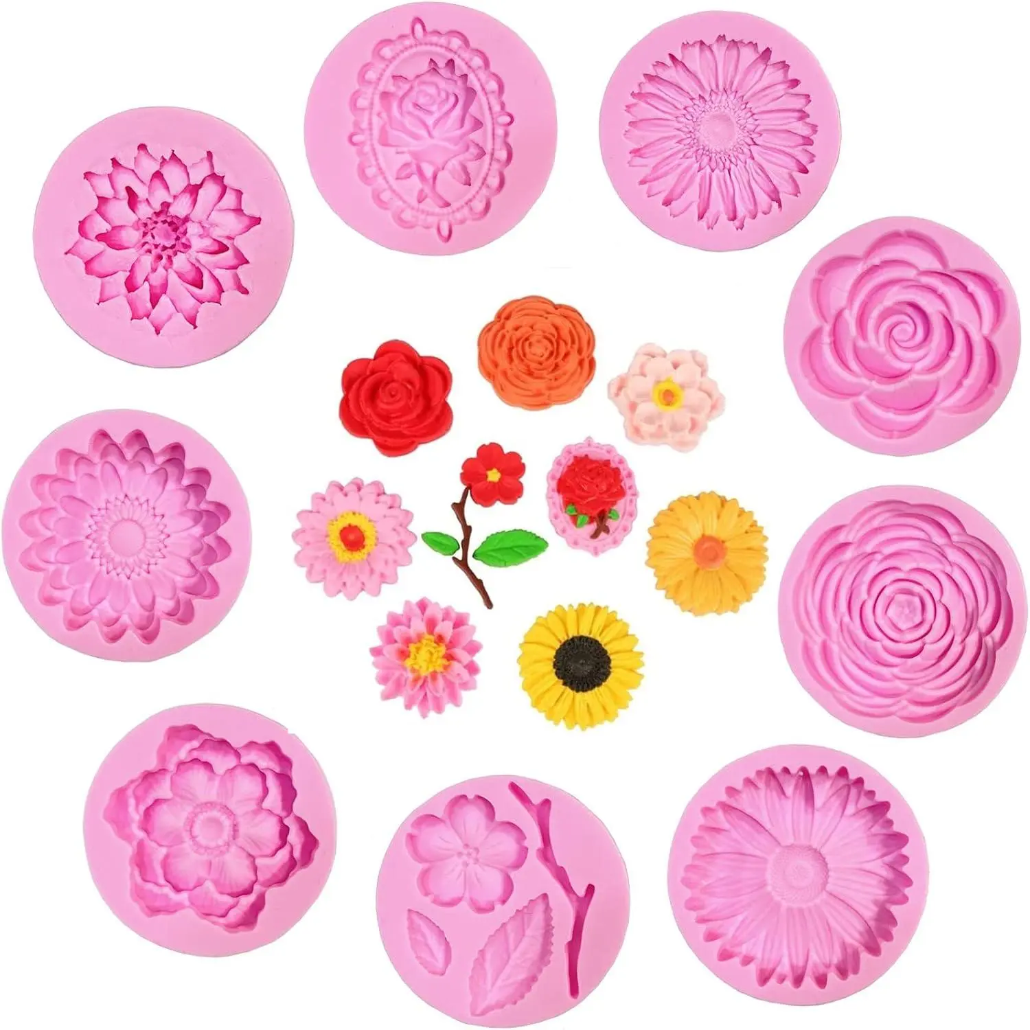 9 Pcs 2-inch flower silicone mold set, 3D flower baking mold for chocolate cake cookie decoration, soap making kit for gummies, resin epoxy cast polymer clay crafts