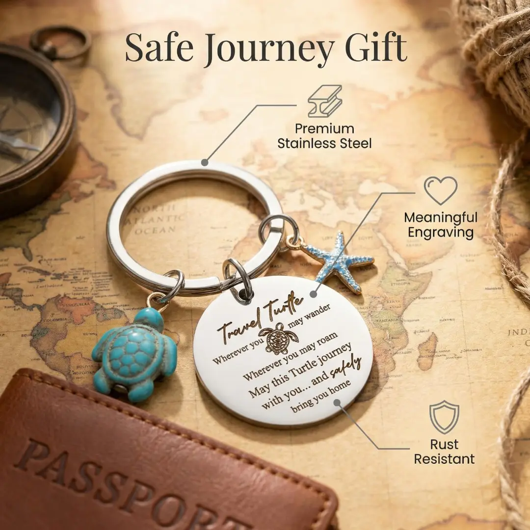 Coastal Stainless Steel Turtle Keychain, 1.2 in Inspirational Split Ring with "Safely Home" Blessing - Travel Gift for Ocean Lovers & Adventure Enthusiasts, Travel Gifts, Modern Animal, Resilient Turtle Symbol, Meaningful Engraving, Unisex, Aesthetic Keyc