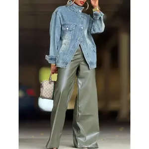 Women's Retro Long Sleeve High Neck Vintage Washed Denim Jacket - Loose Fit, Drop Shoulders, Longline, Single-Breasted, Asymmetric Button Placket, Fitted Pocket, Machine Washable Spring & Fall Casual Outerwear (Pairs with Jeans, Dresses), Tops, Lady