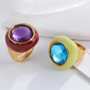 Women's Round Dopamine-Colored Epoxy Resin Ring - Female Fashion Accessory with Large Gemstone Inlay, Enamel Stainless Steel Costume Jewelry, Jewelry Rings, Resin Rings