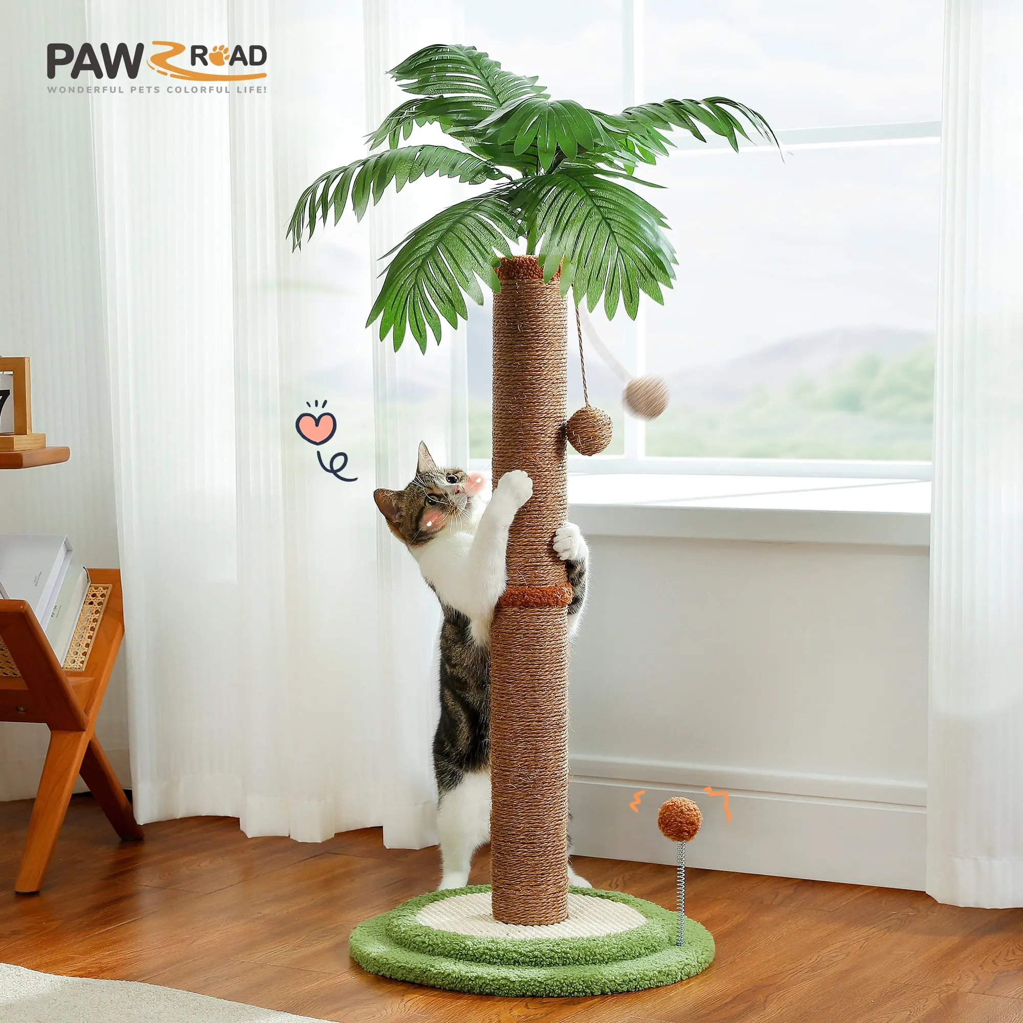 PAWZ Road 34 Inch Coconut Palm Cat Scratching Post for Indoor Cats & Kittens | Interactive Cat Tree with Hanging Balls | Durable Scratch Pad Supports Claw Care, Exercise & Play | Natural Brown Design Creates a Fun Cozy Pet Activity Space