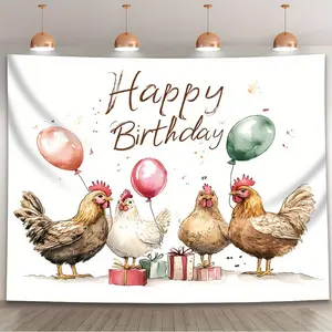 Watercolor Chicken Birthday Backdrop with Balloons & Confetti - Farm Party Decorations with Happy Birthday Lettering, Pastel Colors & Cute Chicken Cutouts - Lightweight for Indoor/Outdoor Use- No Electricity Needed