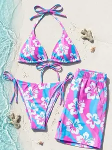 Matching Couple Swimwear Set, Pink Blue Hibiscus Bikini & Trunks, Y2K Beach Outfit