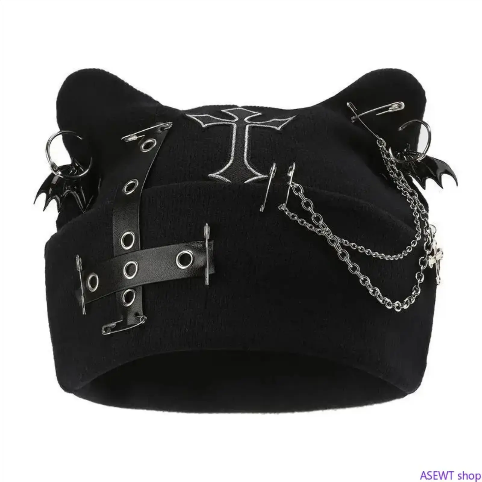 Unisex Gothic Punk Cat Ear Knit Hat Soft Black Winter Emo Grunge Beanie With Punk Chains Bat Charm Heart Detail Adjustable Machine Washable Streetwear Warm Daily Accessory