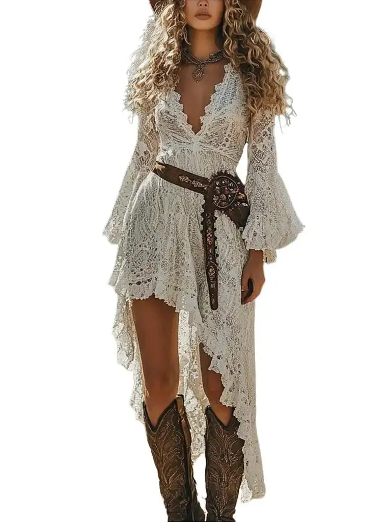 Women's Retro Ruffle Dress - Festival Style Cotton Linen Blend Long Sleeve Medium Length Solid Color Western Cowgirl Dress