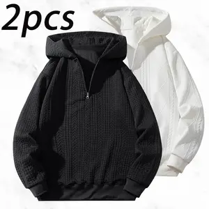 High-quality spring/autumn two-pack half-zip hoodies with a hood, American vintage laid-back vibe, three-dimensional wheat-spike jacquard knit fabric—breathable, skin-friendly, non-claustrophobic even when sweating, loose fathersdaygift