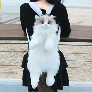 Single Color Cat Backpack Simulation Backpack Cat Plush Toy Backpack Handmade Realistic Plush Cat Backpack Cat-Shaped Animal Bag Mini Ragdoll Cat Suitable for Women Boys Girls Children Plush Cat Backpack