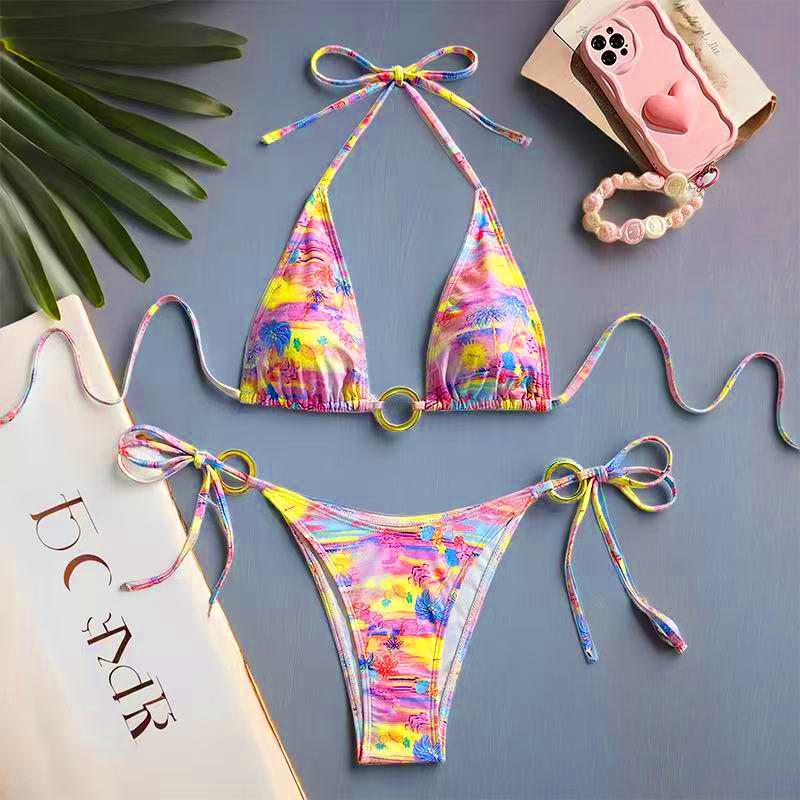 two-piece bikini | Macaron tropical style | Women's full body printed bikini | Women's swimsuit suitable for beach vacations, hot springs, and all seasons
