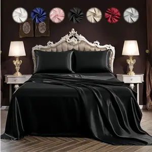 4pcs Silky Satin Bedding Set, Solid Color Fitted Sheet, Flat Sheet and Pillowcases, Soft Breathable Cooling Bedding, Dustproof Mattress Protector for Bedroom, Dorm and Hotel, Satin Bed Sheets