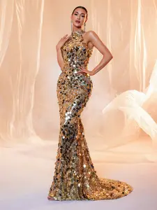 Sleeveless Backless Sequin Floor-Length Party Evening Gown Dress, Embellished Dress, Elegant Halter Neck Prom Ballgown, Women's Formal Wear Elegance, Sequins Mermaid Dress