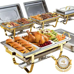 Chafing Dishes for Buffet (9QT, 4Pack)-Multi-Size Food Pans, Food-Grade Stainless Steel, Rolled Edge Design, Lid Holder, Foldable Frame, Chafers and Buffet Warmers Set for Parties, Catering