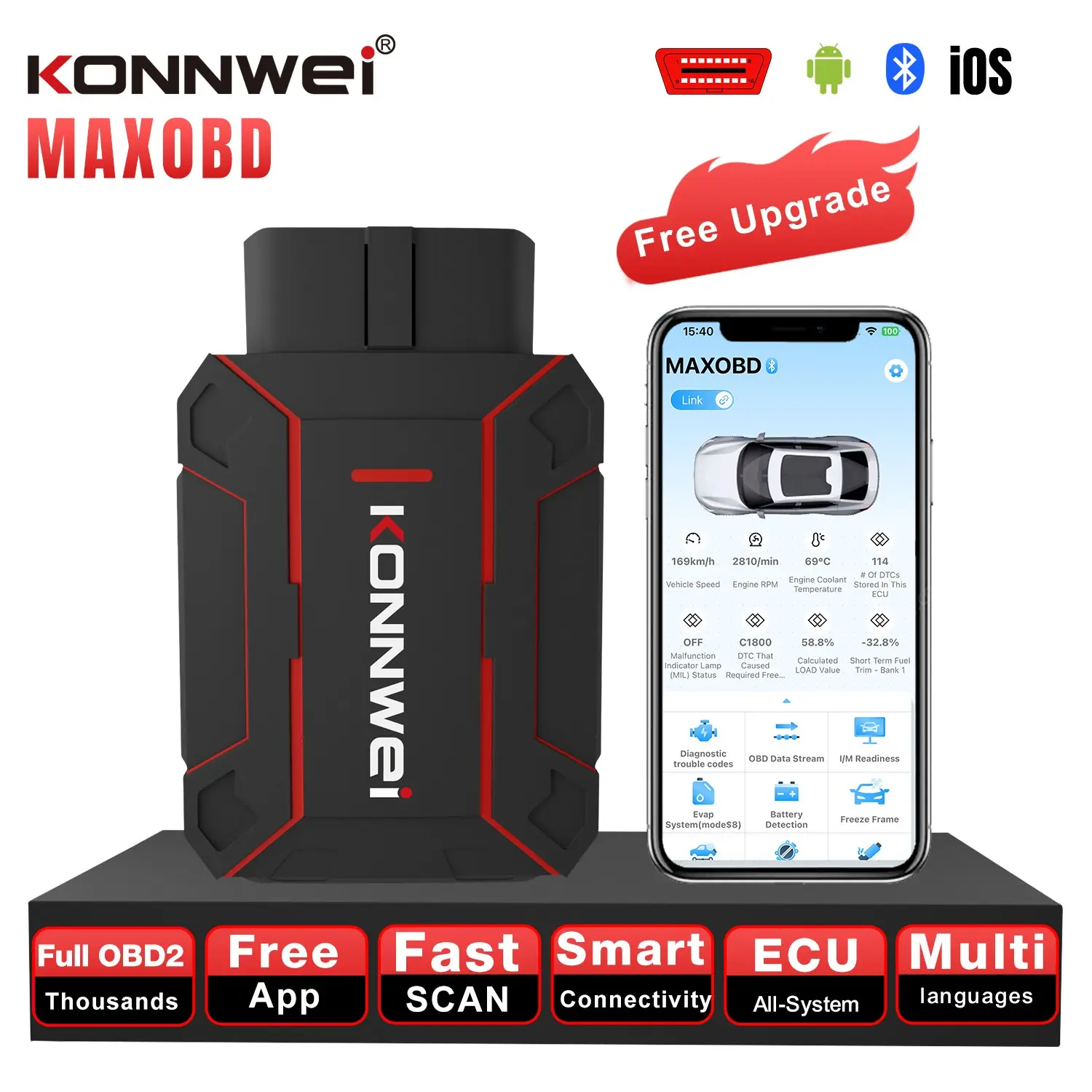 Konnwei Maxobd Wireless 5.2 Obd2 Scanner, Automotive Diagnostic Tool, Car Diagnostic Tool, Compatible with iPhone and Android, Code Reader