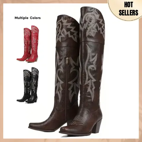 Women's Vintage Embroidered Cowboy Boots - Women's Shoes Footwear with Pointed/Square Toe, Chunky Block Heel, Platform, Breathable All Seasons Cowboy Aesthetic, Ideal for Vacation & Back to School,outdoorfun