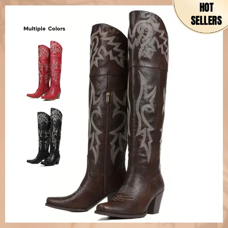 Knee High Tall Cowboy Boots Women Vintage Embroidered Pointed Platform Over the Knee Cowgirl Boots Fashion Square Toe Chunky Heel Western Over-The-Knee Vacation Boots