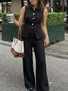 Women's Casual Style Solid Color Sleeveless Fitted Vest Top Set, High Waist Flare Straight Leg Pants, 2 Piece for Daily Wear Womenswear