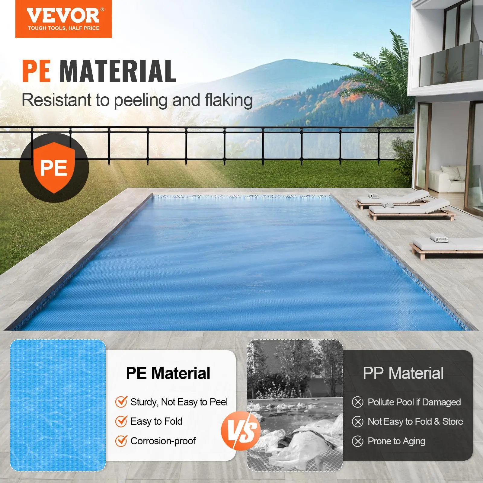【Fallpicks】VEVOR 28x14 ft Rectangle PE Material Solar Pool Cover, 12 mil Blue Waterproof Cut-to-Fit Cover for Inground/Above Ground Pools, Heat Retention, Reduces 95% of Water Evaporation, Suits >7.2 pH & <2.5 ppm, Extends Swimming Season