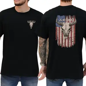 Summer Aesthetic Steer Skull Flag Ariat T-shirt, Classic Cotton Top, Soft Fabric Shortsleeve Shirt