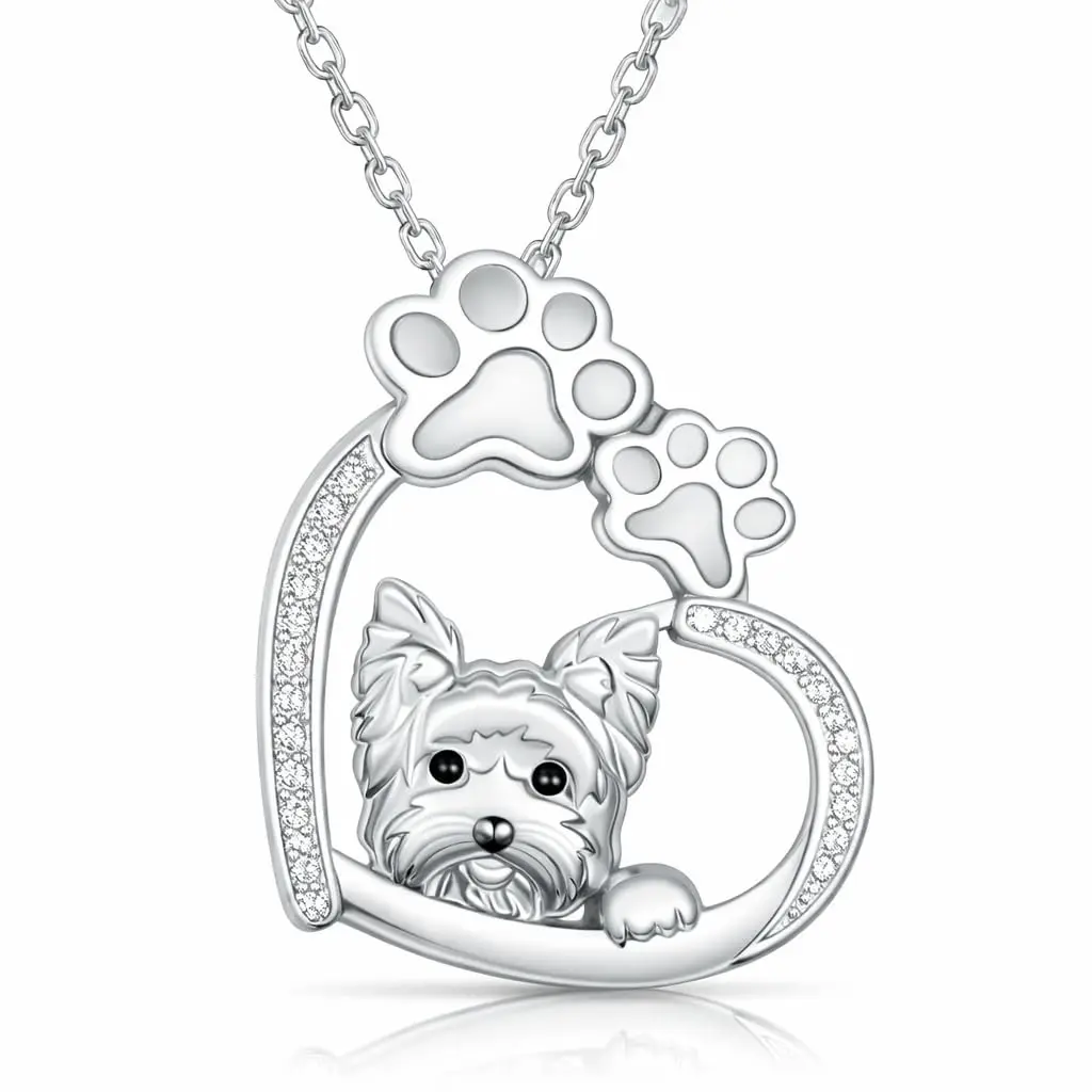 Yorkie Face Heart & Paw Print Necklace - Stainless Steel Jewelry with Zirconia, Adjustable Chain, Unisex, for Everyday Wear, 0.98 Inches By 1.38 Inches, 2.5 Cm Wide, Zirconia Stones, Customizable, 45 Cm Chain, Gift Ideas, Cubic Zirconia