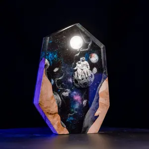 Astronaut Space Table Figurines - With LED Light Inside-  Wood and Resin Art - Unique Gift