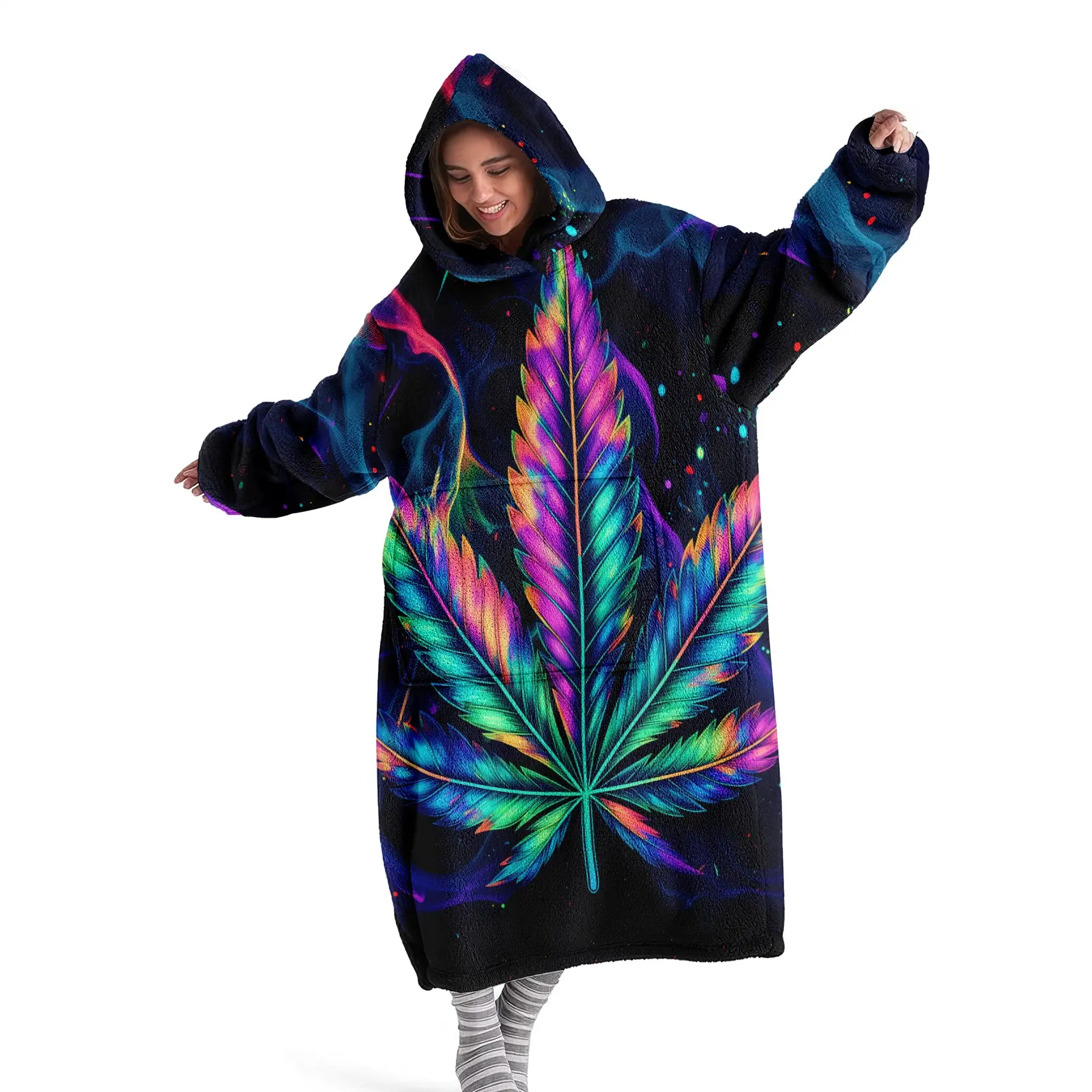 Hooded Blanket, Wearable Blanket,Women's Fleece-Lined Bathrobe,hat blanket,Fashionable Pajamas, Nightgown, Neon Feather Print Thickened Loungewear Perfect for winter lounging at home, this stylish robe makes an ideal gift for Christmas or Valentine's Day