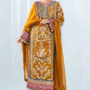 Medium - 4pc Fully Embroidered Mehndi Dress in Vibrant Mustard Yellow with Rich Detailing and Matching Dupatta Size Medium 40-42 Chiffon Material Perfect for Special Occasions