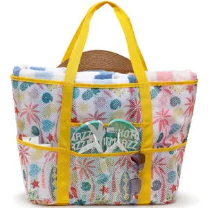 Large Mesh Beach Bag for Women, Waterproof Sandproof Colorful Tote for Travel, Towels, Toys, Sunglasses & Grocery Shopping – Fun Vibrant, Handy & Organized