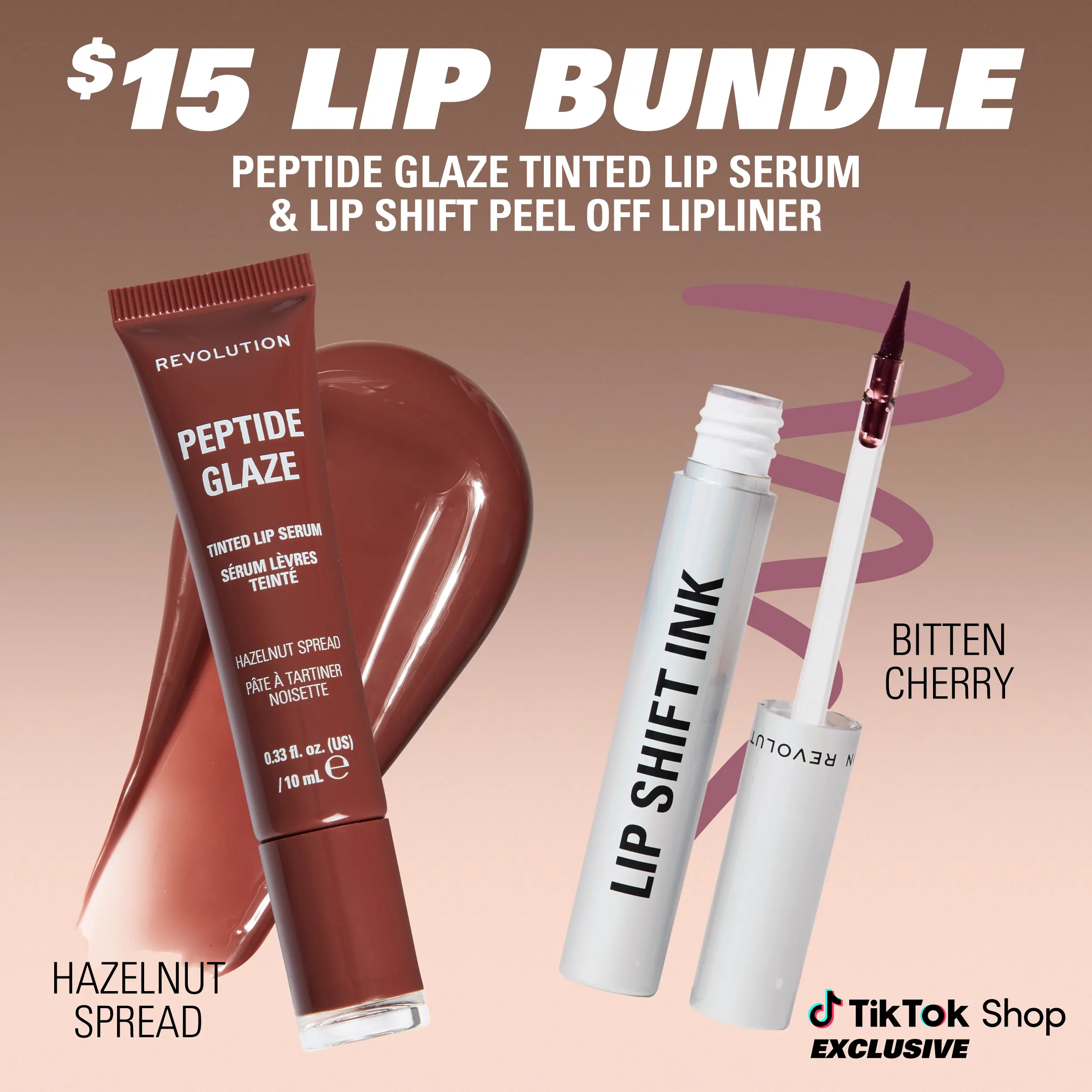 Revolution Lip Bundle: Peptide Glaze Tinted Lip Serum & Lip Shift Ink Peel Off Lipliner Stain