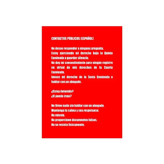 Red card/ laminated/Public Contacts Guide in English and Spanish for Rights Awareness